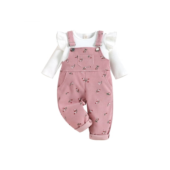 BemeyourBBs Toddler Baby Girls Overalls Set Knit Ruffle Spring Fall Winter Outfits Long Sleeve Pullover T-Shirts Floral Adjustable Spaghetti Strap Bib Overall Pants Set Cute Infant Clothes