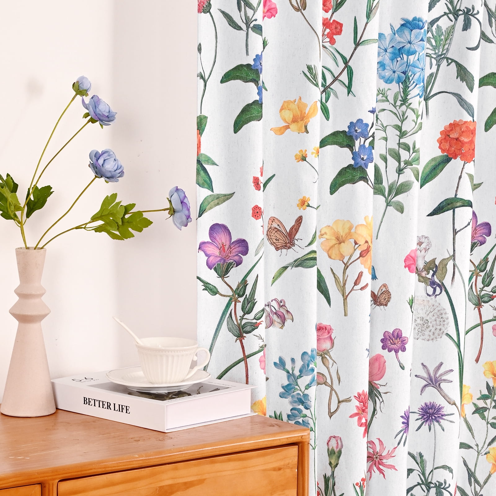 Invoibler Farmhouse Floral Semi Sheer Light Filtering Curtains, Cotton Blend Window Drapes for Living Room Bedroom, 52" W x 84" L, Set of 2
