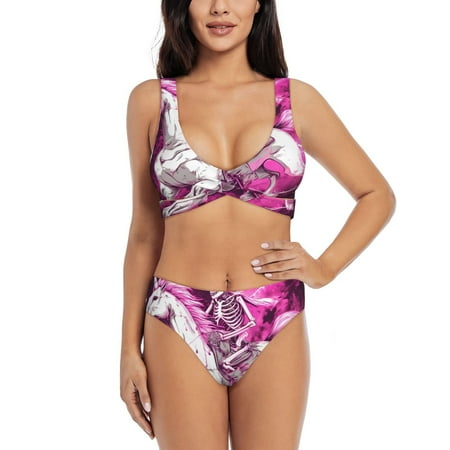 Zeuib Skull White Horse High Waisted Tummy Control Bikini Set - Knot Front Push Up Top & Cheeky Thong Bottom  Two-Piece Swimsuit for Women-Medium