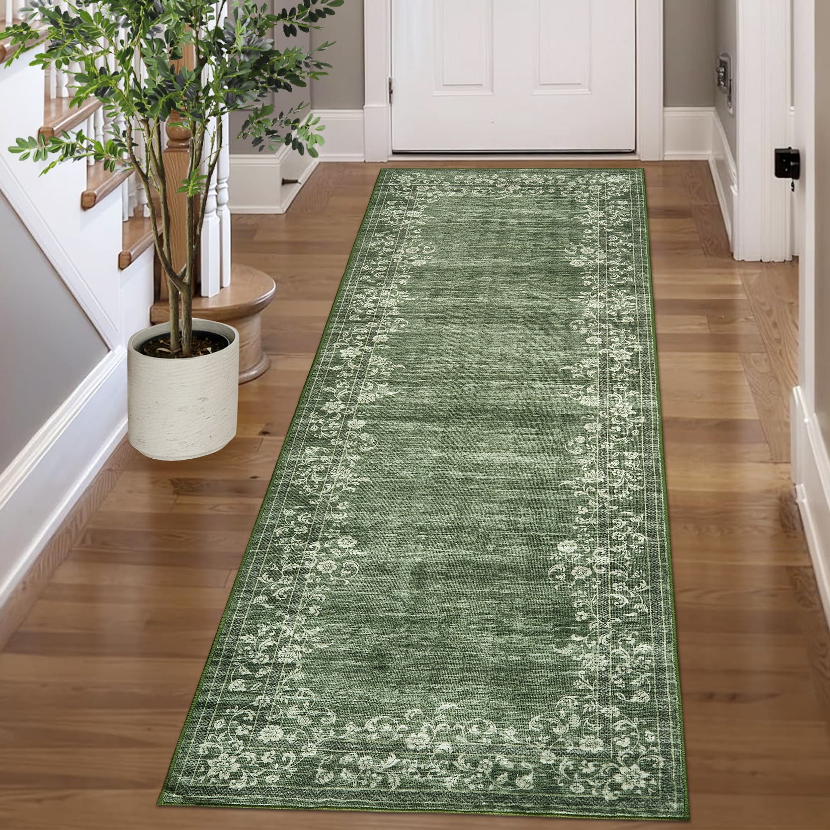 CAROMIO 2' x 6' Green Runner for Enterway Kitchen Geometric Border Floral Pattern Non-slip Indoor Mat