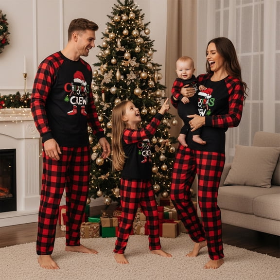AIGUR Family Matching Christmas Pajama Set Family Matching Christmas Pajamas, Letter Christmas Hat Print Long Sleeve Tops Plaid Pants Sleepwear Set