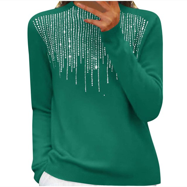 WRKEKC Sweaters for Women Solid Color Rhinestone Embellished Long Sleeve Crew Neck Knitted Pullover Sweater Top for Women Fall Winter Trendy Outfits