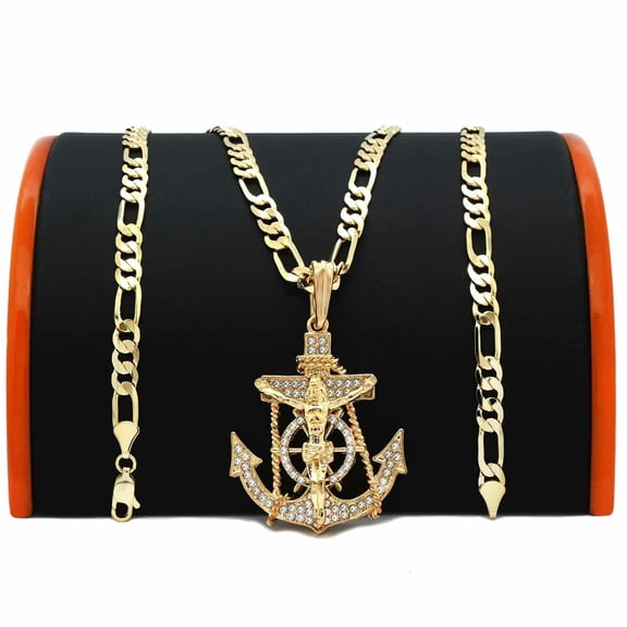 Hip Hop 14K Gold Plated Jesus Anchor Pendant Cubic-Zirconia 5mm 24" 14K Stamped Brass Figaro Chain