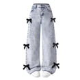 thumbnail image 2 of Babcutegg Girls' Solid-Color Wide-Leg Denim Pants Casual Summer Jeans with Embroidered Bow Detail, Light Wash Finish and Full-Length Relaxed Fit Light Blue Size 12-13, 2 of 7