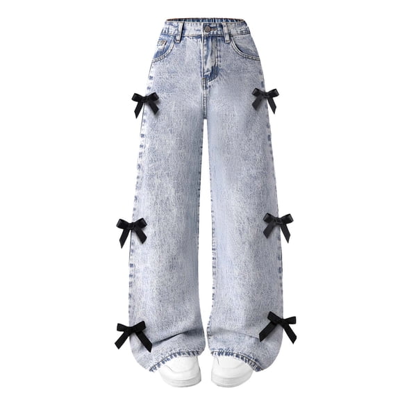 StSilkitty Bow Jeans for Girls Elastic Waist Wide Leg Denim Pants with Pockets Lightweight Soft Breathable Trousers with Pockets