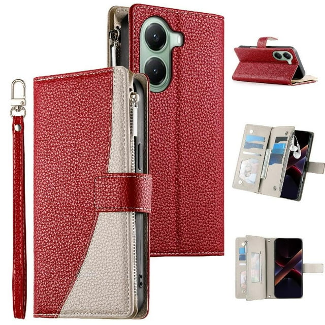 Funda cartera GANGXUN para Xiaomi Poco X7 Pro , cuero PU con tarjetero, cremallera, correa de mano, soporte y protección 533°