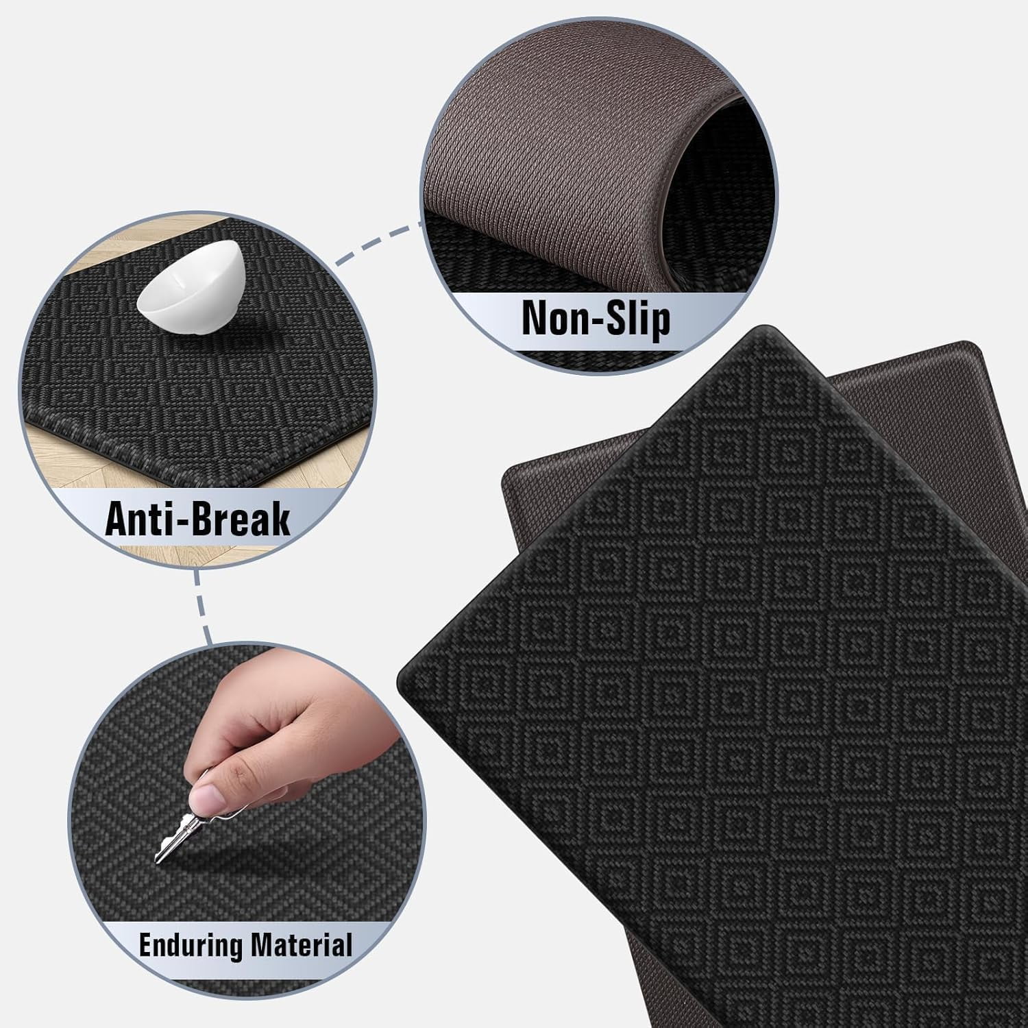 Kitchen mats for Floor, 2PCS Kitchen Rugs Non-Slip Water and Oil Absorbent Runner Rugs for Kitchen, Floor, Office, 17.3"x30"+17.3"x47", Black
