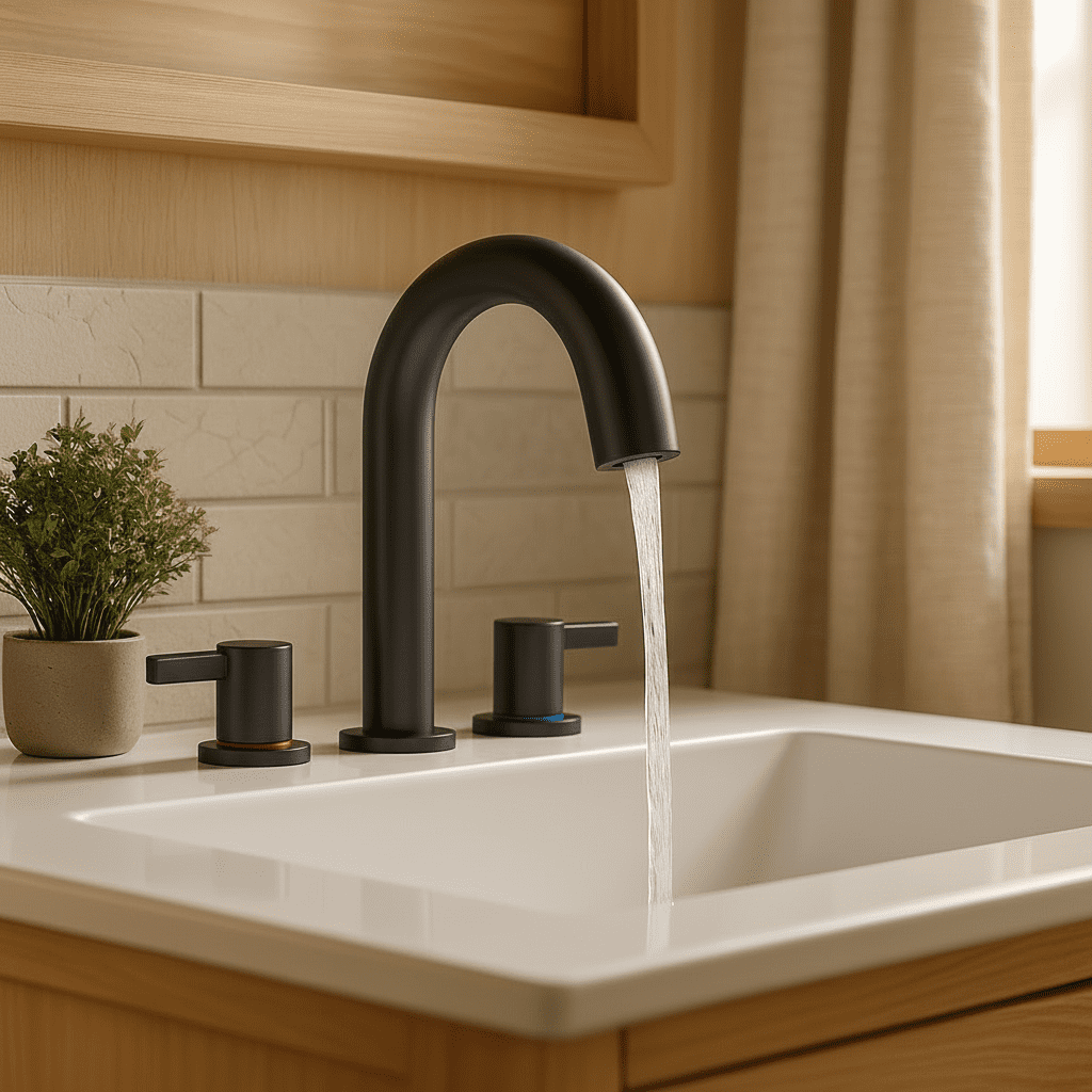 8 Inch Widespread Bathroom Faucet Matte Black 2 Handle 3 Hole with 360 °   Rotating Spout and Pop-Up Drain  LJH