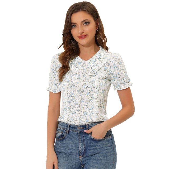 INSPIRE CHIC Women's Floral Peter Pan Collar Lace Trim Ruffle Sleeve Blouse White Blue XS