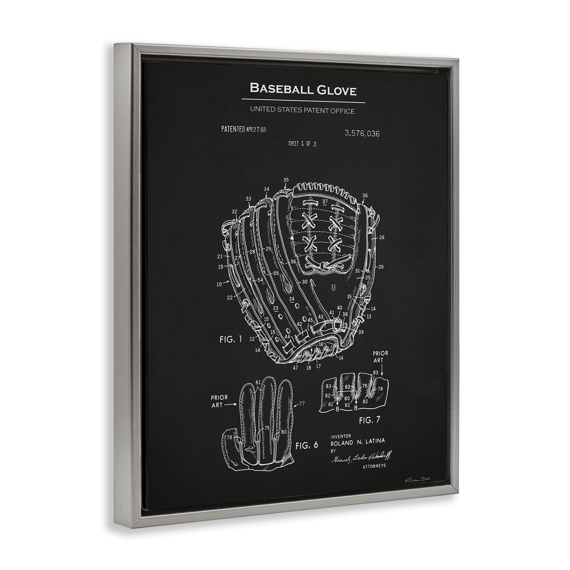 Stupell Industries Baseball Glove Blueprint Sports Painting Gray Floater Framed Art Print Wall Art, 17 x 21