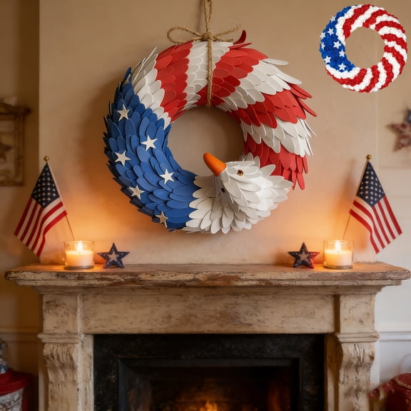 250th Anniversary American Eagle Wreath - USA Patriotic Front Door Hanging Decor for Independence Day 2026, 4th of July & Veterans Day Decor, Red White Blue Flag Wreath (A)