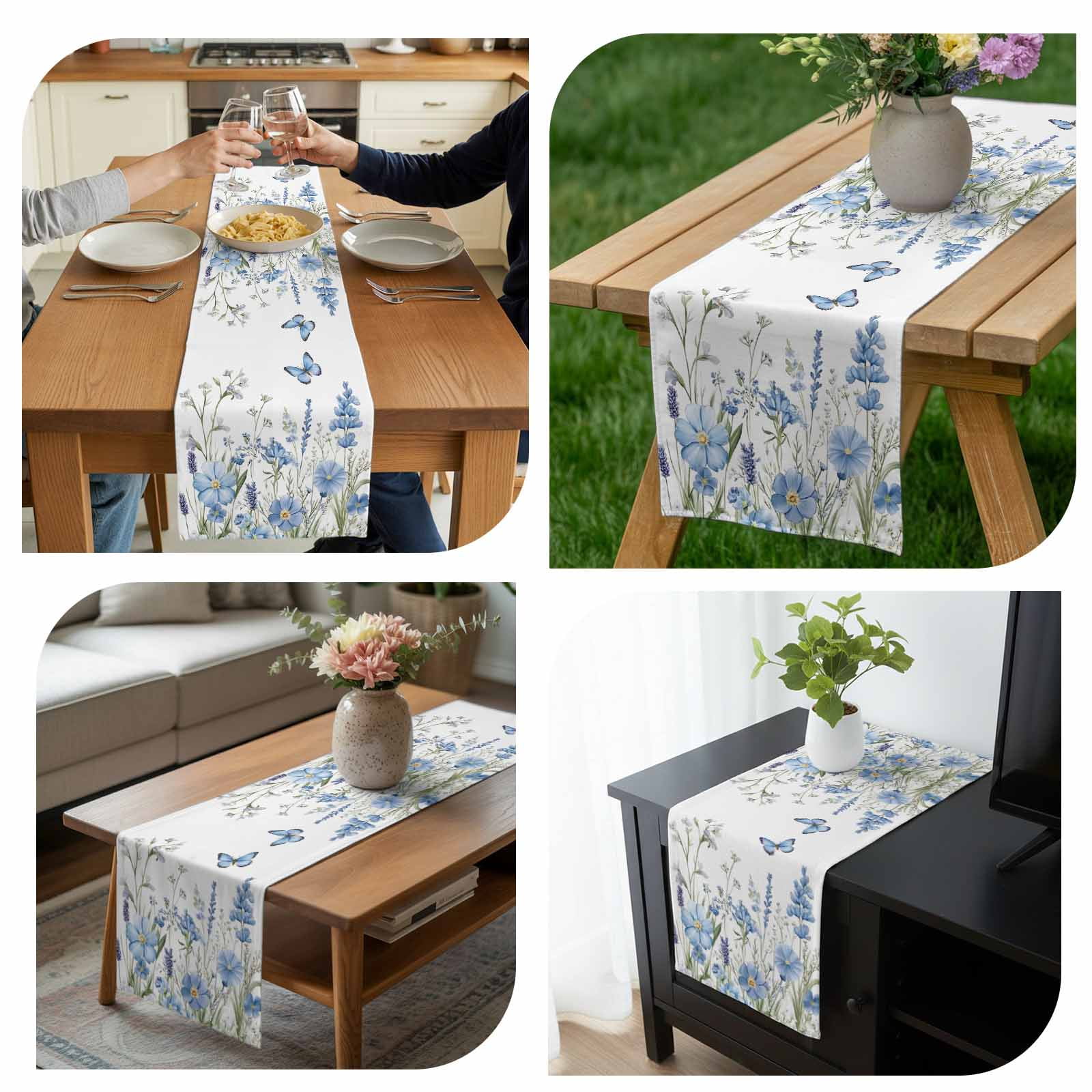 Floral Table Runner 13x120 inch Spring Blue Wildflowers Butterfly Botanical Scenery Cotton Linen Dining Table Runner Ideal for Dresser Kitchen Coffee Tables - Machine Washable