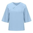 thumbnail image 4 of Lovskoo Cotton Linen Summer Tops for Women 2024 V Neck Short Sleeve Solid Solid Color T Shirt Top Style Large Top Shirt Blue, 4 of 6