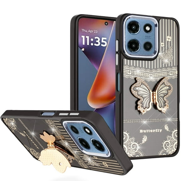 For Motorola Moto G 5G 2025 Splendid Glitter Butterfly Design Stand with Metallic Edges Hybrid Case - Black