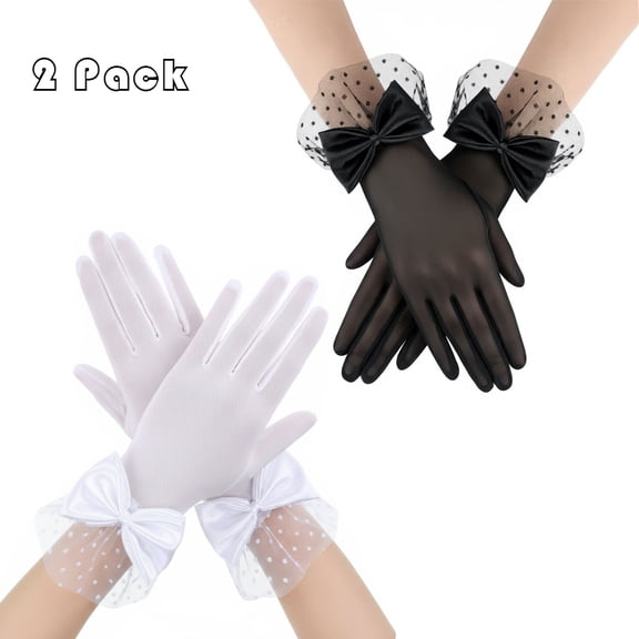 2 Pair Lace Black Tea Party Gloves for Women, Short Mesh Bridal Gloves for Tea Party Dinner Wedding Opera Evening Party