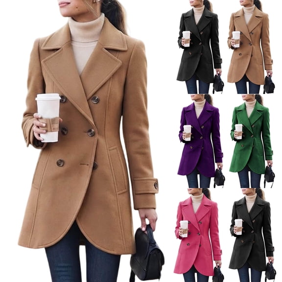 Women's Mid‑Length Wool‑Blend Coat, Notched Lapel Double‑Breasted Button Long Sleeve Lined Casual Outerwear with Side Pockets Khaki XL
