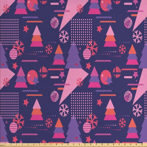 Geometric Sofa Upholstery Fabric by the Yard, Christmas Themed Polka Dots Stars Snowflakes Triangles and Zigzags, Decorative Fabric for DIY and Home Accents, Dark Indigo Coral Pink by Ambesonne