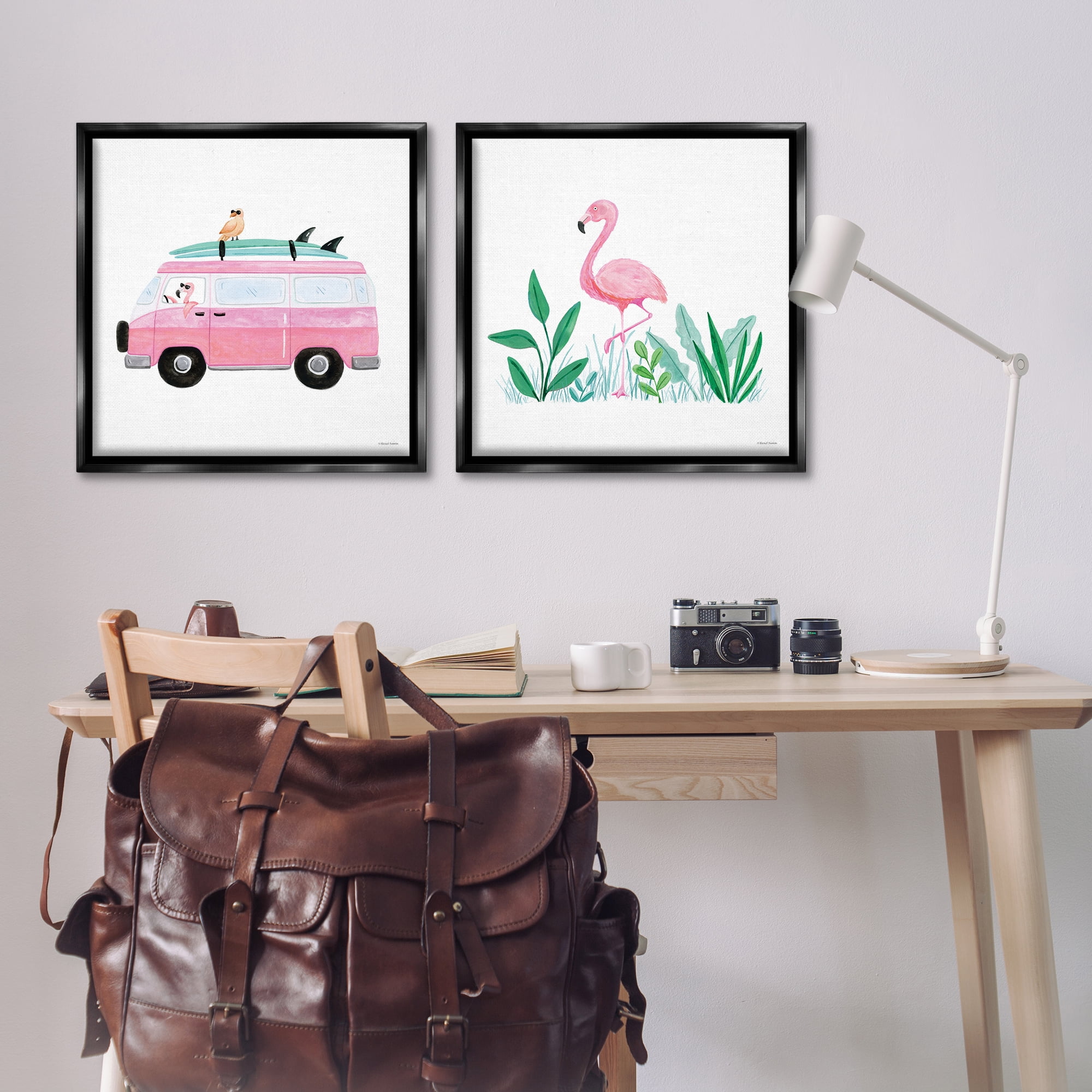 Stupell Industries Flamingos Tropical Vacation Transportation Painting Black Floater Framed Canvas Art Print Wall Art, 25 x 25, Set of 2