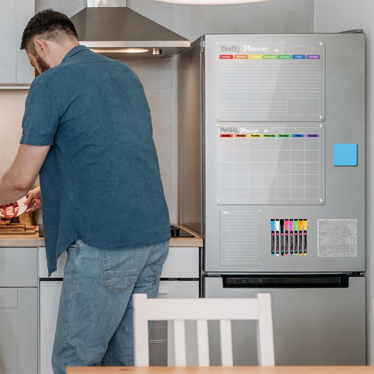 Magnetic Dry Erase Calendar Board for Refrigerator, Clear 2-Pack Acrylic Planner Board for Refrigerator, Reusable Whiteboard, Includes 6 Markers, 3 Colors
