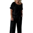 thumbnail image 2 of Maqroz Women 2 Piece Outfits Sets Summer Solid Loose Short Sleeve Crew Neck Top and Pants Set Drawstring Casual Vacation Travel 2026 Black S, 2 of 6