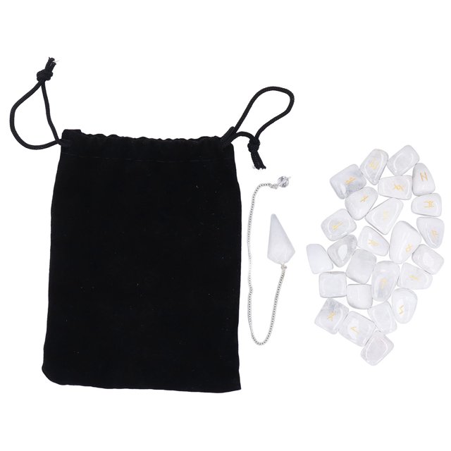 Juego de 25 uds de piedras rúnicas de cristal con bolsa de péndulo, piedras curativas de runas de adivinación de buena suerte para meditación, cristal blanco