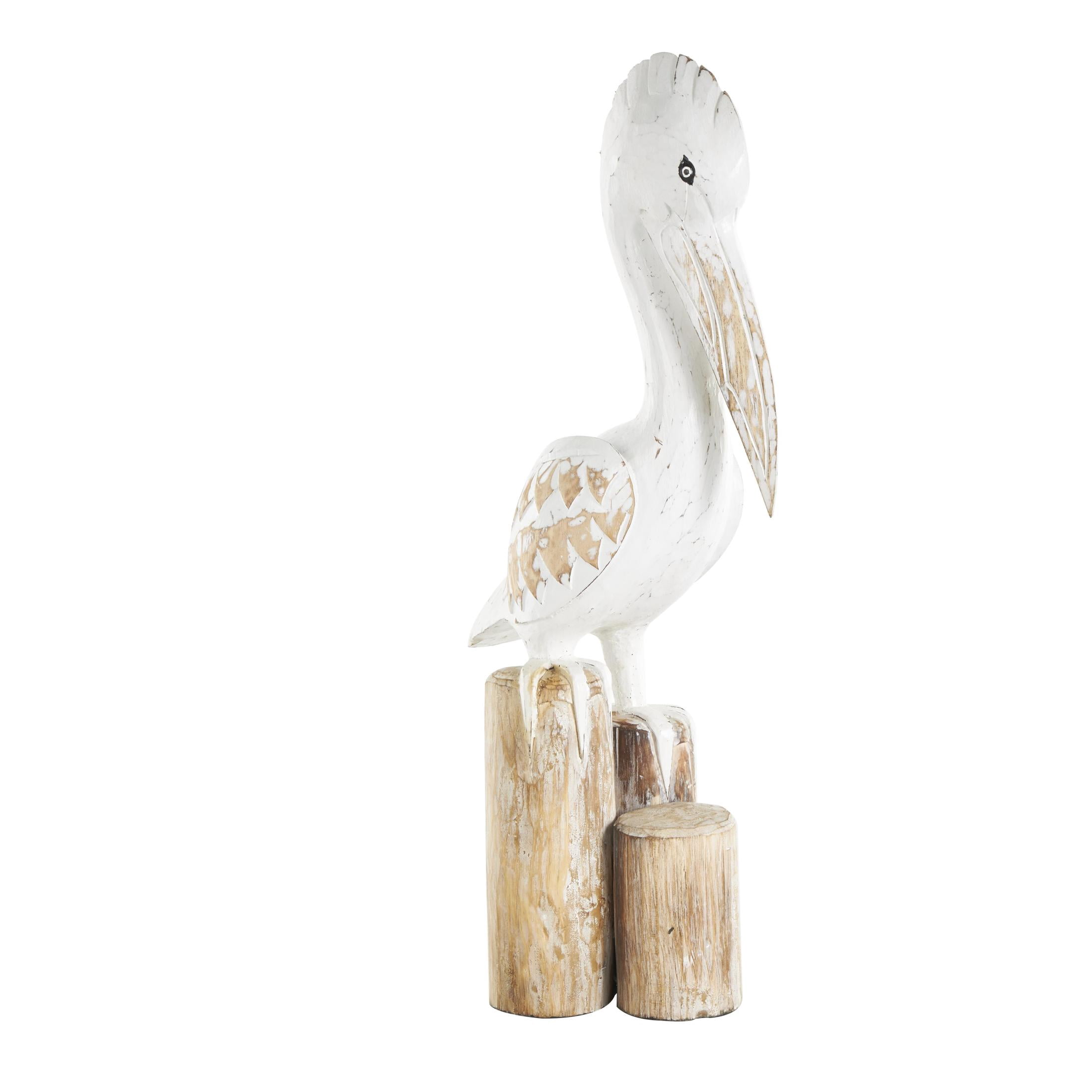 7" x 24" White Wood Handmade Distressed Pelican Sculpture with 3 Brown Posts, by DecMode