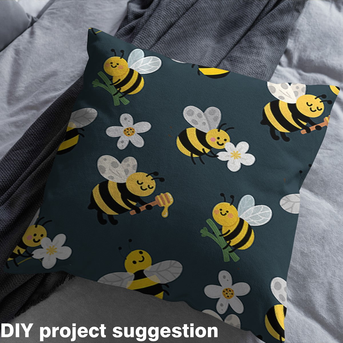 jejeloiu Cartoon Bee Fabric by the Yard 3 Yards,Kawaii Daisy Flower Sewing Fabric,Yellow White Teal Fabric for Sewing For Girl,Luxury Bedroom Decor