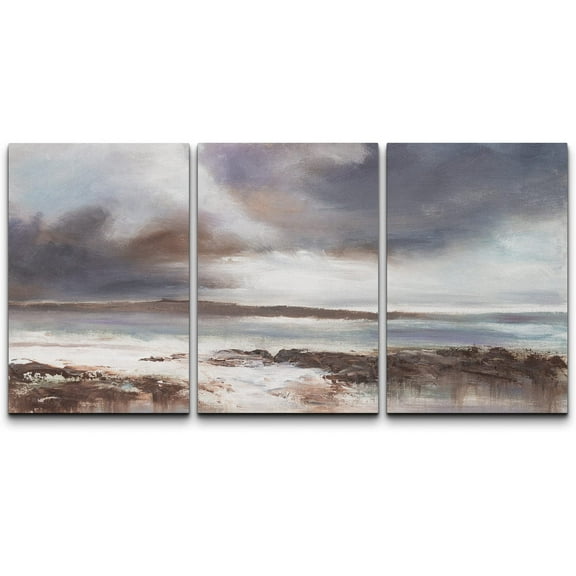 wall26 3 Piece Canvas Wall Art - Original Oil Painting, Stormy Beach Seascape. - Modern Home Art Stretched and Framed Ready to Hang - 16"x24"x3 Panels