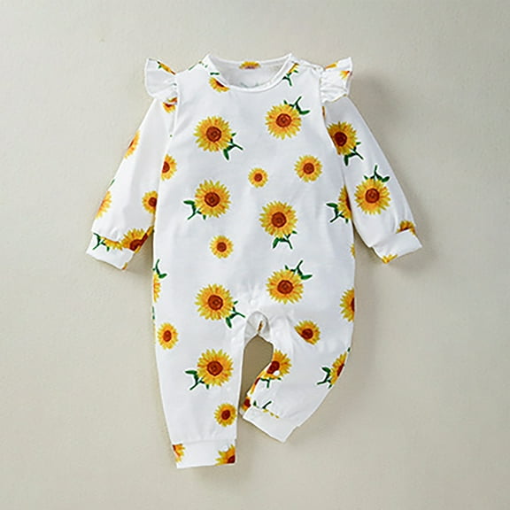 WOYY Newborn Girl's Long Sleeve Romper Flower Prints Round Neck Jumpsuit Fall Winter Clothes