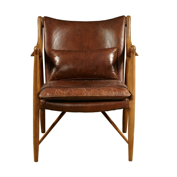 HomeFare MidCentury Modern Wood and Leather Accent Chair in Brandy