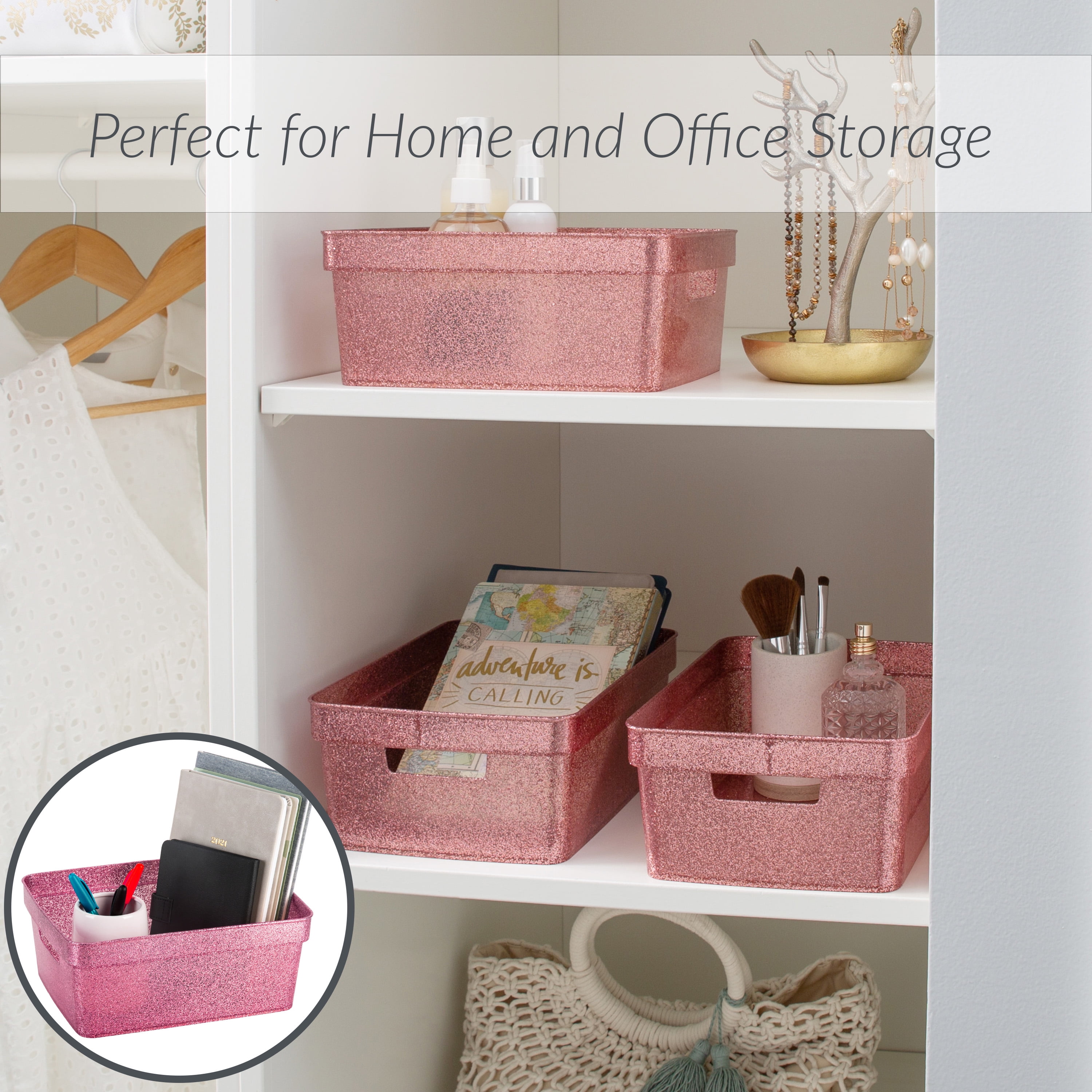 Simplify 3 Pack Small Plastic Glitter Storage Tote Baskets, Pink