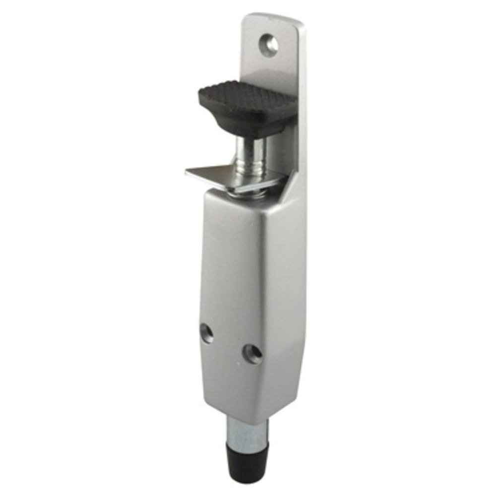 Door Mounted Aluminum Finish StepOn Door Holder, Spring Loaded Plunger