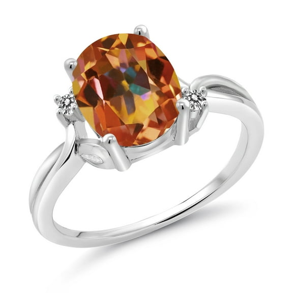 Gem Stone King 925 Sterling Silver Ecstasy Mystic Topaz and White Diamond 3 Stone Ring for Women (3.23 Cttw, Oval 10X8MM, Gemstone Birthstone, Size 5)