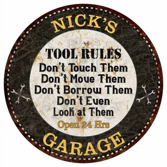 NICK'S Garage Rules 12" Round Metal Sign Garage Bar Wall Décor 200120013095