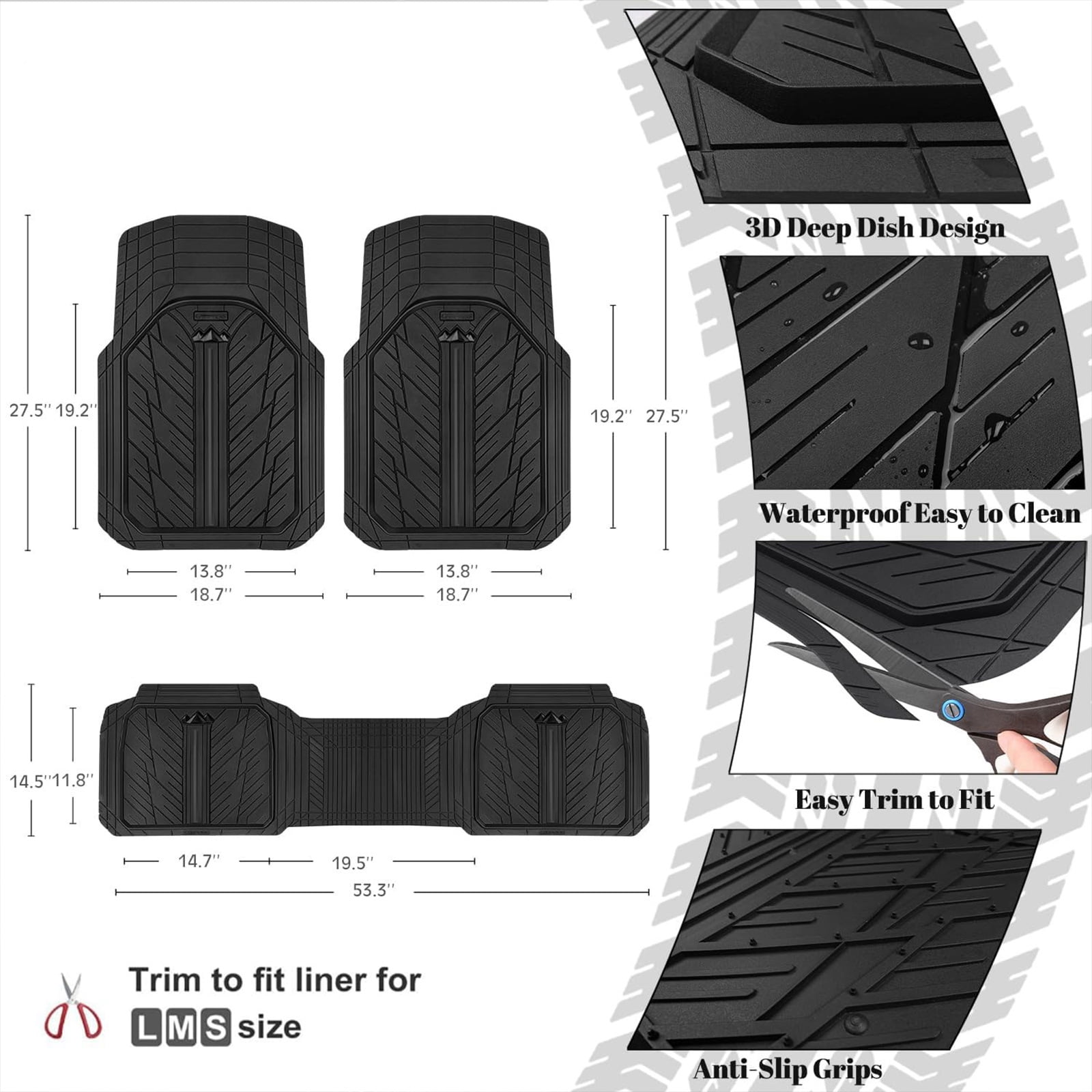 CAR GRAND Heavy Rubber Car Floor Mats, Deep Waterproof Car Mats All Weather, Universal Trim-to Fit Automotive Floor Mats for Car SUV Truck Van, Durable Floor Liners All Black