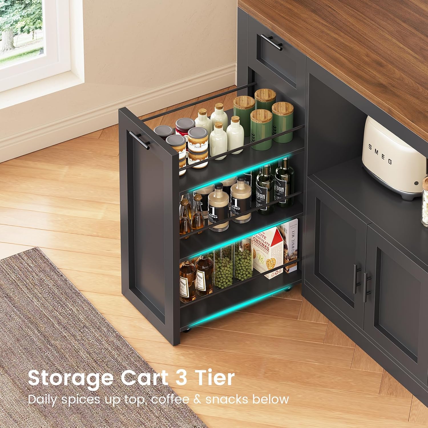 Farmhouse Pantry Cabinet, Tall Kitchen Pantry Storage Cabinet with Power Outlets & Microwave Stand, 47.3" Wide Large Kitchen Cabinet with Drawer, Storage Cart & 3 Door Shelves for Dining Room, Black