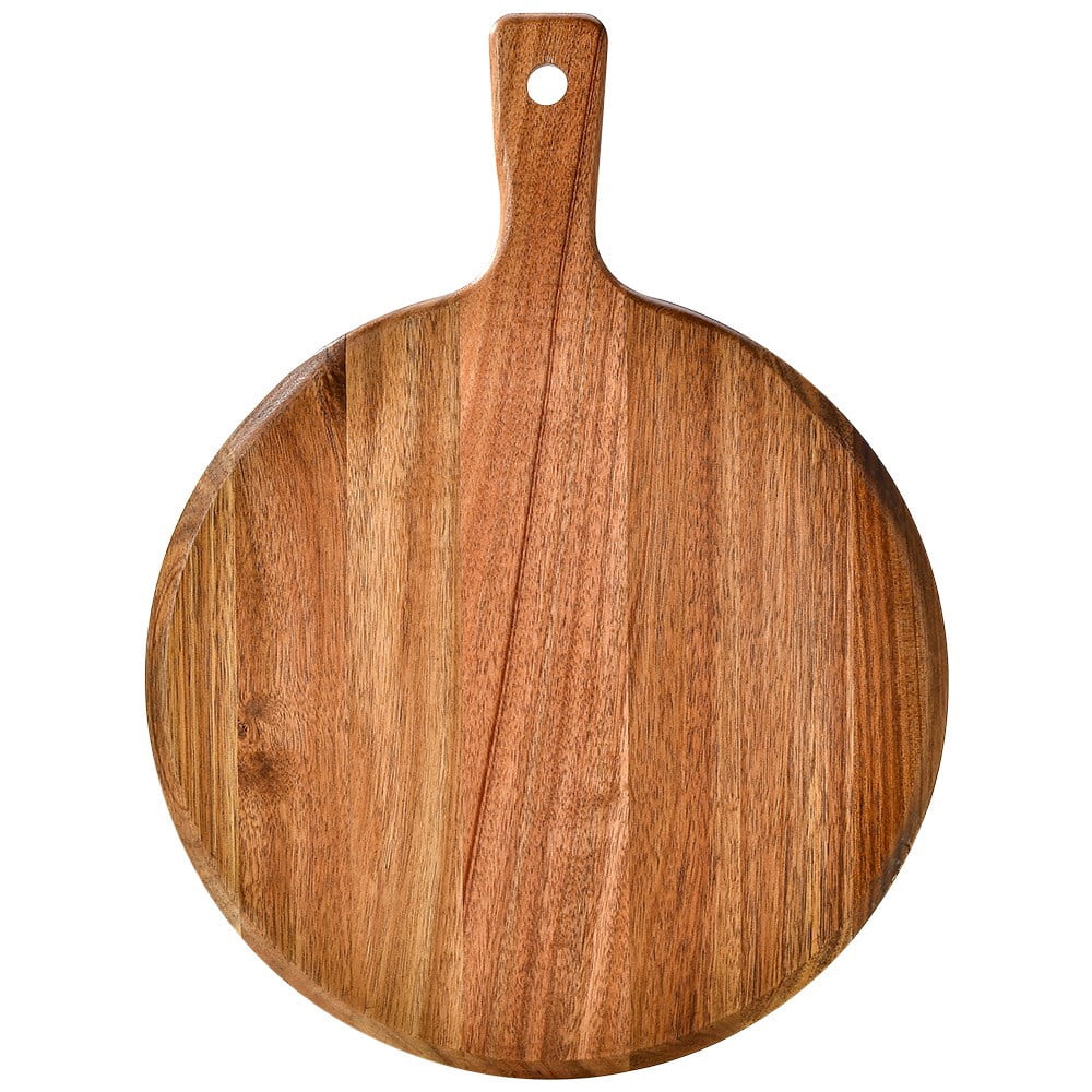 Wood Pizza Peel Round Pizza Serving Board with Handle, Multipurpose Cutting Board for Bread Cheese Charcuterie, Ergonomic Hanging Hole Food-Safe Wooden Board for Kitchen and Table Serving