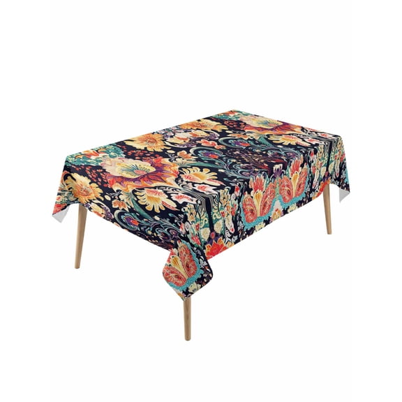 Vintage Flowers Table Cloth, Ethnic Boho Floral Botanical Black Waterproof Tablecloth for Rectangle Tables, Reusable Washable Fabric Table Cover for Restaurant Kitchen Dining Tables 60"x120"