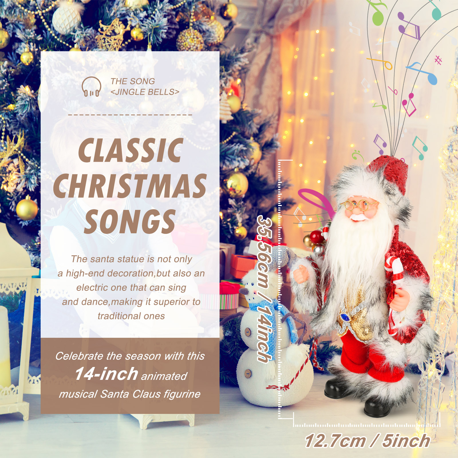 14-Inch Animated Plush Santa Claus with Christmas Music,Musical Christmas Figurine for Tabletop Indoor Holiday Home Decoration