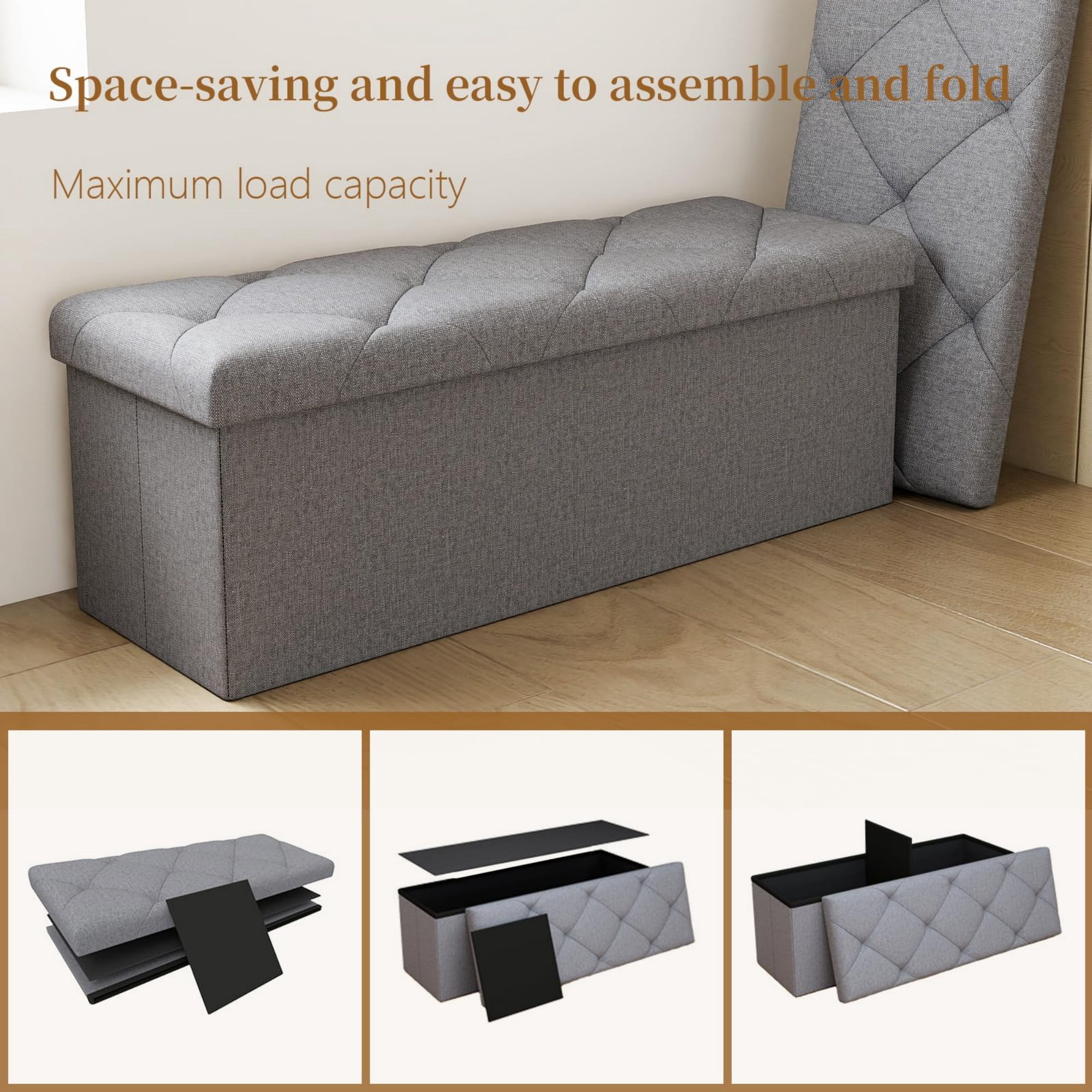 30" Storage Ottoman Bench, Folding Storage Bench Ottoman with Lid, 400 lbs Capacity, Fabric Footrest Seat for Bedroom Living Room Entryway, Grey