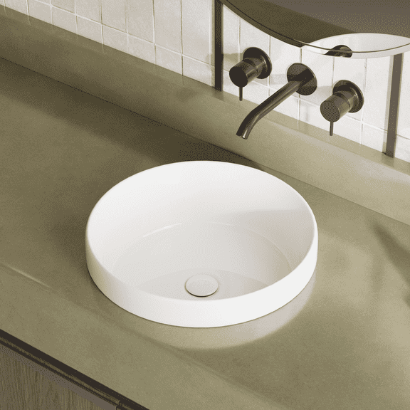 Los Flexi 16" Bathroom Round Vessel Sink, Semi-Recessed Glossy Ceramic Basin Without Overflow, Modern Design for Small Spaces
