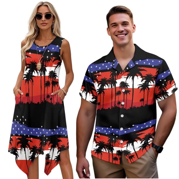 Garronmavis American Flag Matching Couple Outfits Mens Button Up Shirt and Womens Sleeveless Dress and Palm Tree Round Neck Dress Polyester Midi Sundress with Pocket