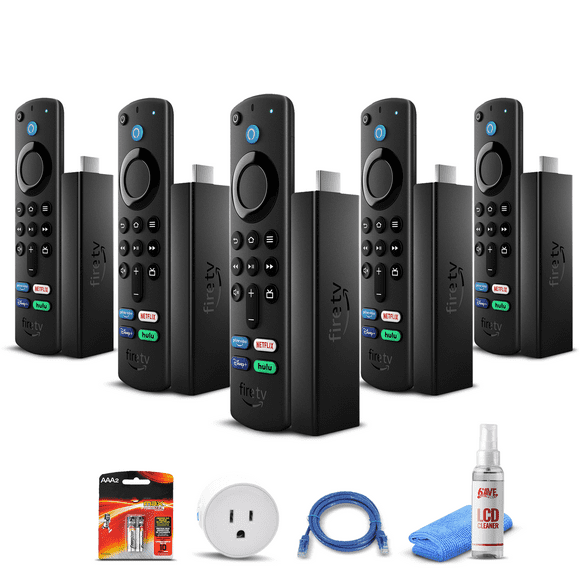 (5) Amazon Fire TV Stick 4K Lecteur Multimédia en Continu avec Alexa (Version 2021) + Prise Intelligente WiFi + Câble Ethernet + 2x Piles AAA + Nettoyeur LCD