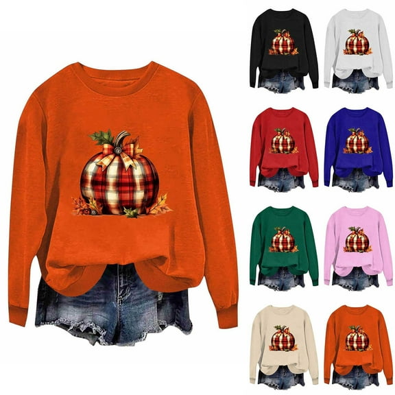 XPMWRP Women's Halloween Pumpkin Graphic Printed Sweatshirt Crew Neck Loose Long Sleeve Pullover Winter Warm Casual Sweatshirt Blue XL