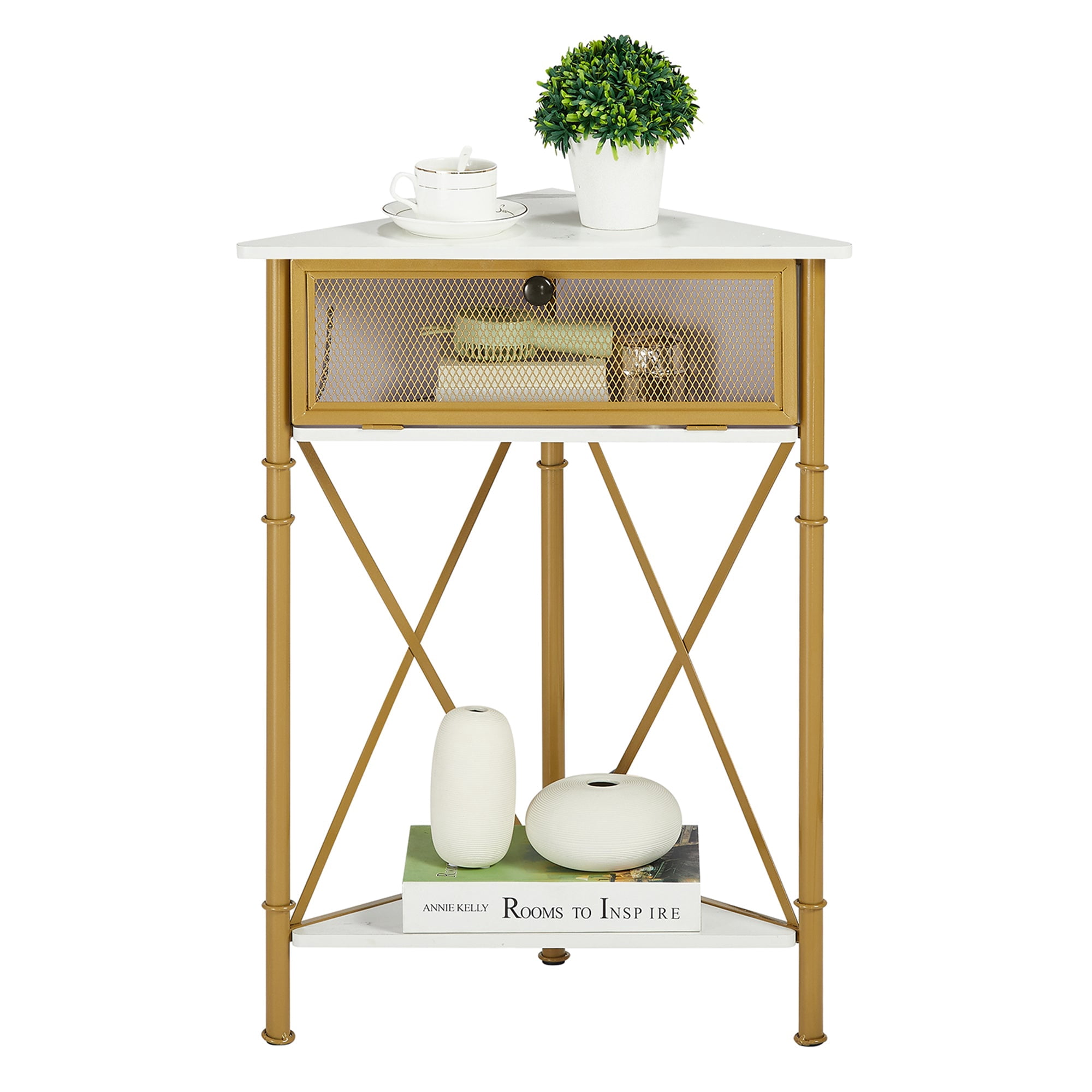 VECELO Corner Storage Cabinet with Flip Drawer and Shelf, Triangle X-Shaped Freestanding Floor Cabinet, White + Gold Frame