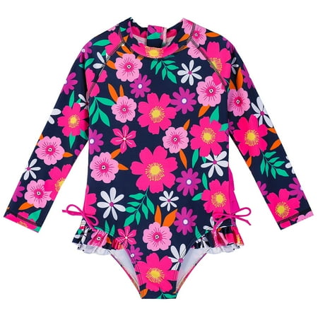adviicd Girls Swimsuits Girls Rashguard Swimsuit Long Sleeve One Piece Bathing Suits (Hot Pink 1-2 Years)