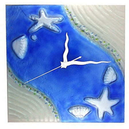 12" SEA SHELL GLASS CLOCK BLUE AND WHITE