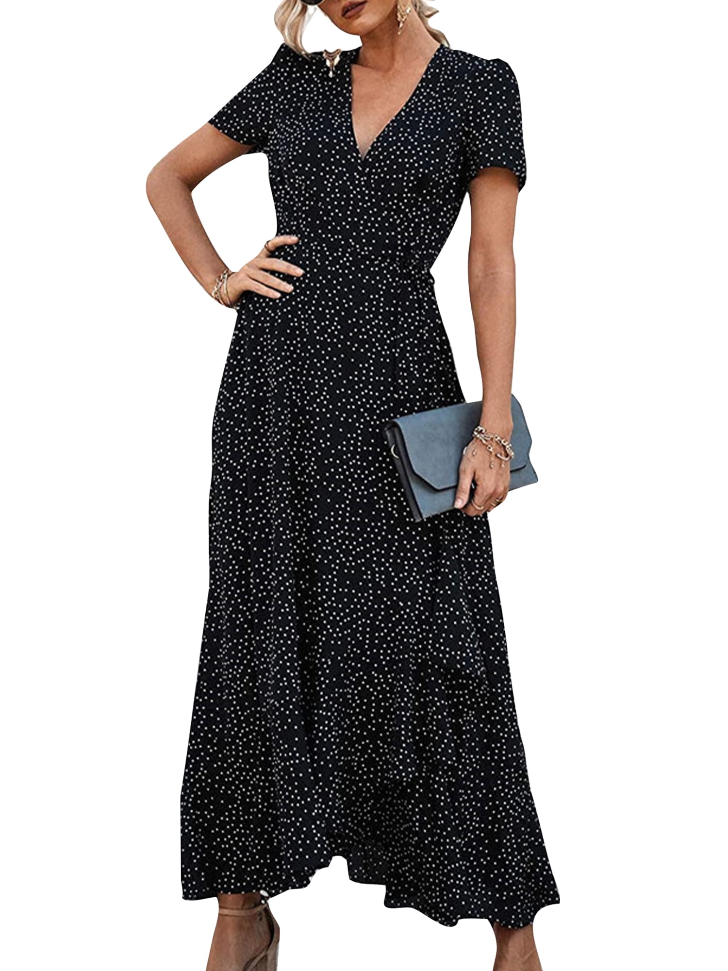 Capreze Women's Summer Wrap Maxi Dress Casual Boho Floral V Neck Short