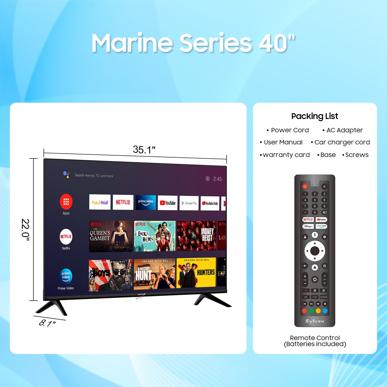 Sylvox 12V RV TV,40" Smart Televison,1080P FHD Google TVs, Salt Spray Resistance,AC/DC Powered, ATSC,NTSC for Marine Boat Coastal Home,Marine Serie