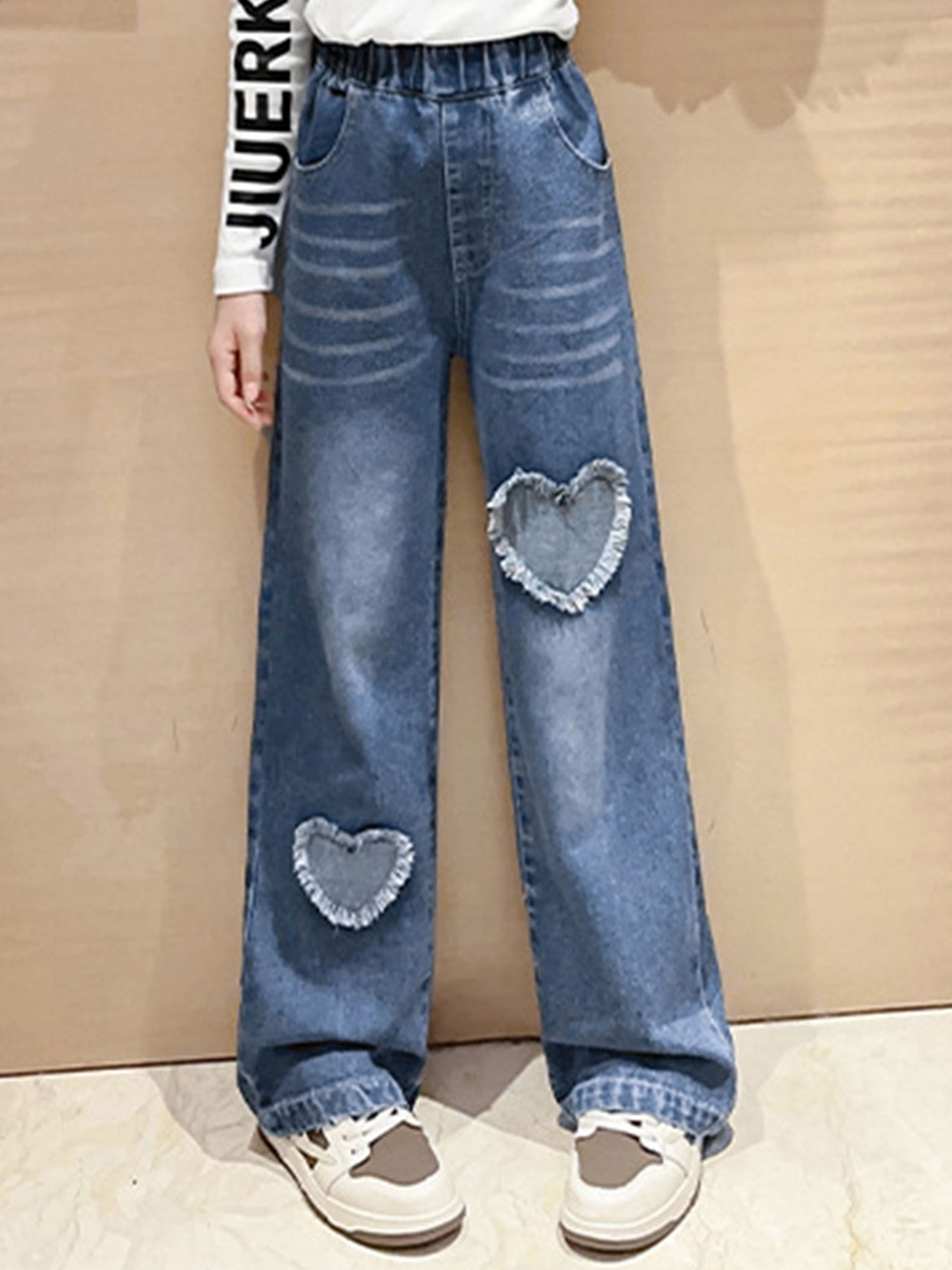 Sinleey Kids Girls Raw Edge Heart-Shaped Patch Wide Leg